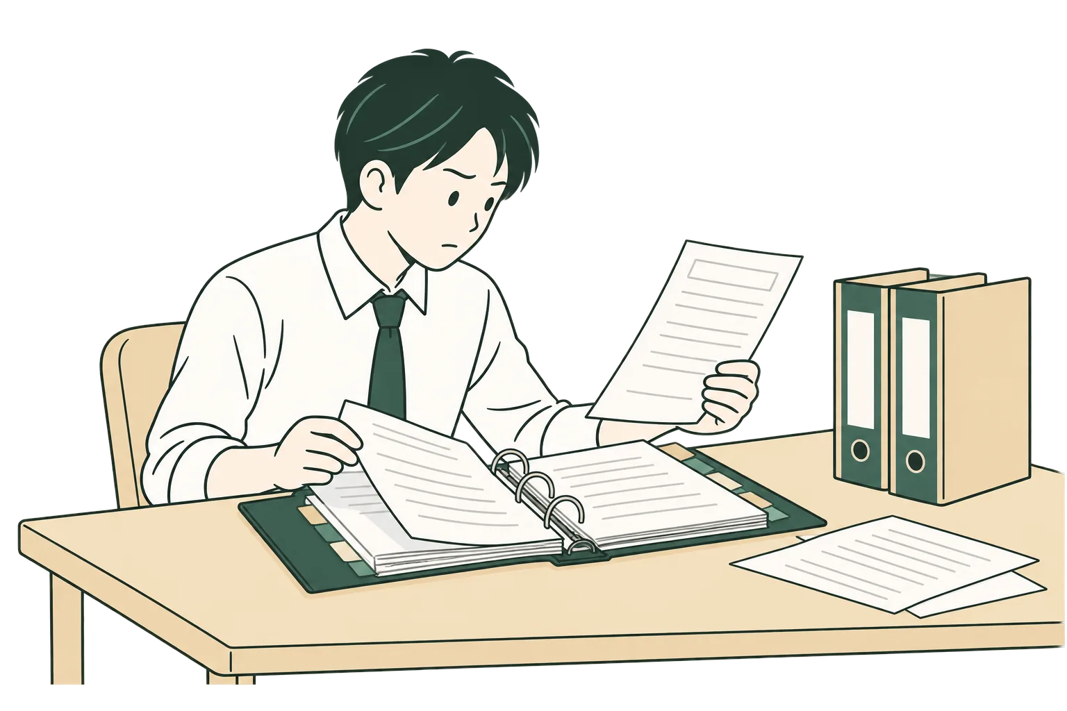 開いたファイルと取り出した書類を見比べ、過去の会議の結論を探すケアマネジャーの線画