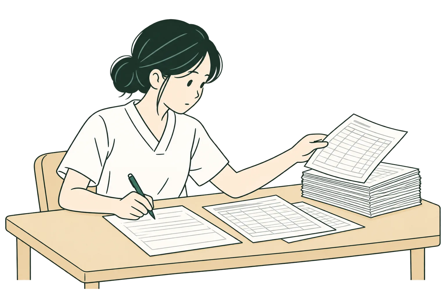 日々の記録書を見比べながら月次の報告書を書く訪問看護師の線画